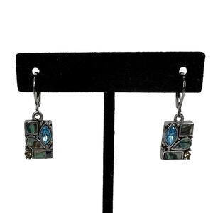 Womens Silver Tone Blue Green Glass Drop Earrings Geometric Leverback Art Style